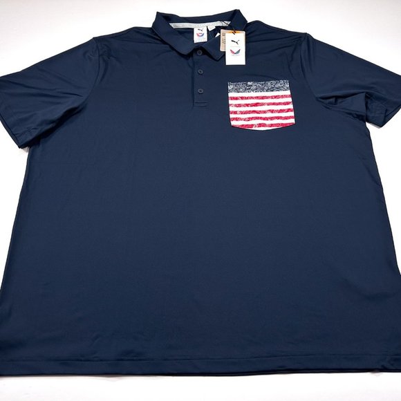 Puma Volition XXL Men's Flag Paisley Pocket USA Polo Golf Navy Shirt NWT - Picture 2 of 7